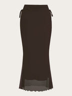 Women's Drawstring Mesh Midi Skirt - Coffee Brown