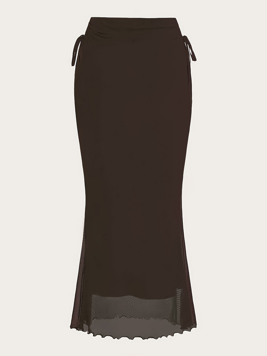 Women's Drawstring Mesh Midi Skirt - Coffee Brown