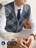 New Autumn/Winter Men's Knitted Vest with V-Neck, Tie Pockets, and Rhombus Pattern Design. Warm, Cold-Resistant, Soft, and Comfortable Sweater Vest. Simple, Elegant, and Versatile, Suitable for Daily, Business, Casual, and Camping Wear. The First - Light Grey