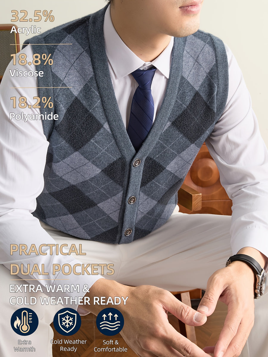 New Autumn/Winter Men's Knitted Vest with V-Neck, Tie Pockets, and Rhombus Pattern Design. Warm, Cold-Resistant, Soft, and Comfortable Sweater Vest. Simple, Elegant, and Versatile, Suitable for Daily, Business, Casual, and Camping Wear. The First - Light Grey