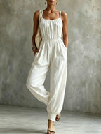 Women'S Elegant Vacation Style Cami Solid Color Backless Jumpsuit - Milky