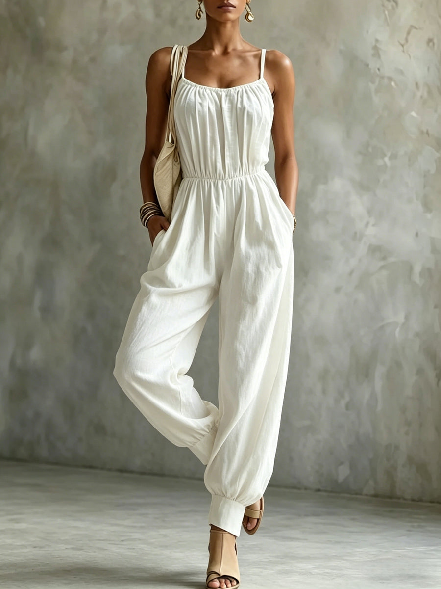 Women'S Elegant Vacation Style Cami Solid Color Backless Jumpsuit - Milky