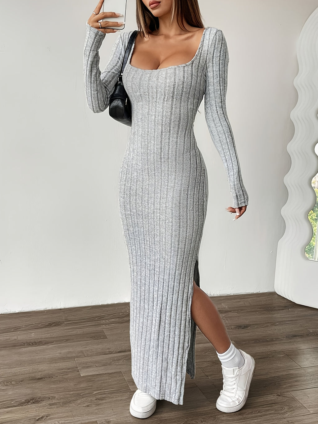 Ribbed Dress, Long-sleeve Tweed Casual Dress - Silvery Grey