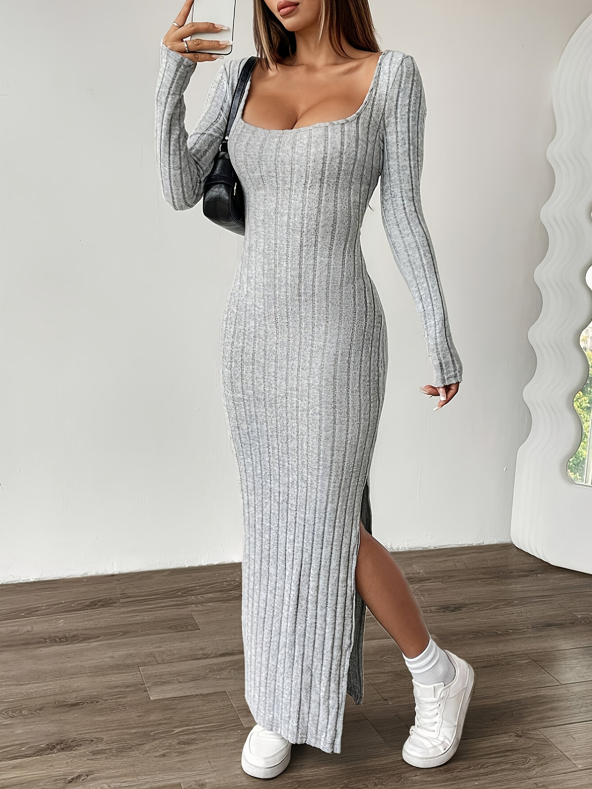 Ribbed Dress, Long-sleeve Tweed Casual Dress - Silvery Grey