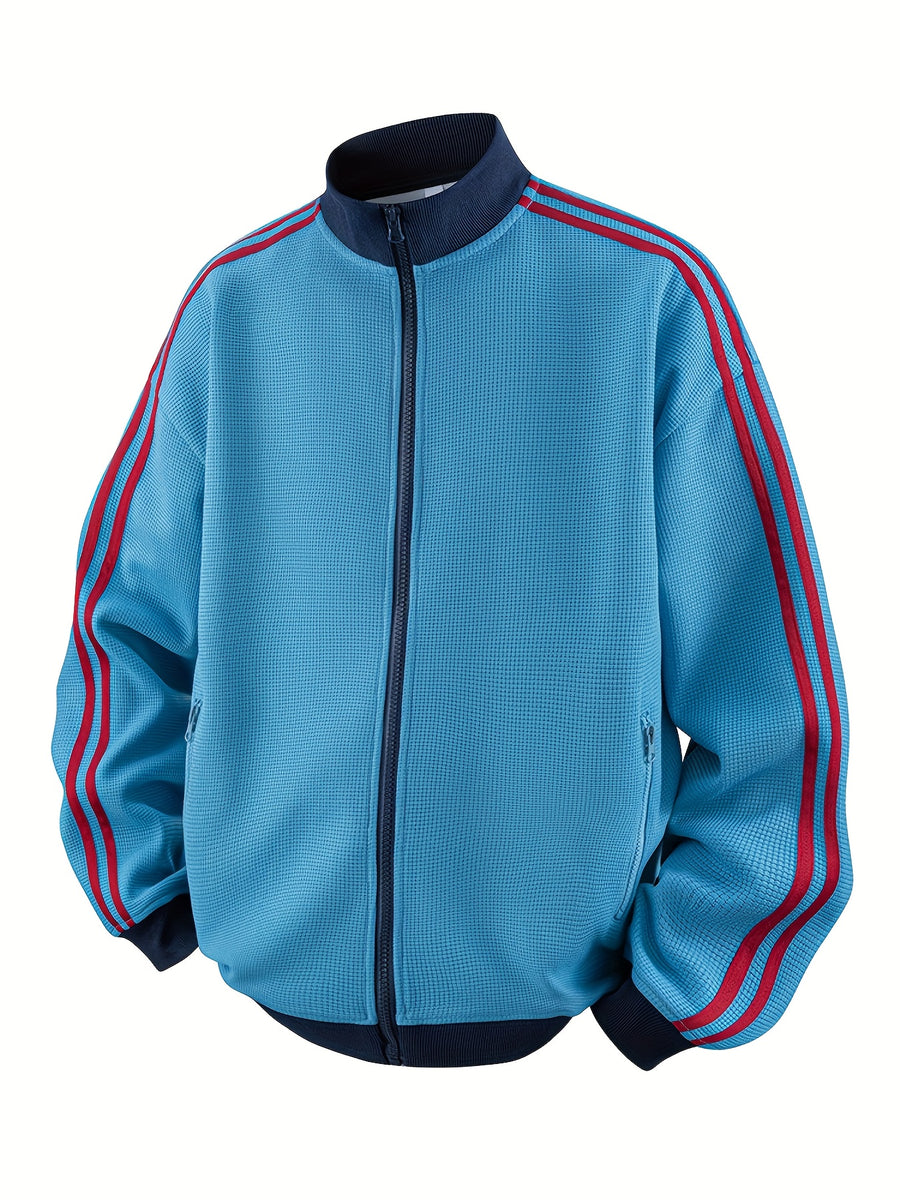 Men'S American Vintage Cardigan Sweatshirt, New Striped Stand-Up Collar, College Style Sports Casual Jacket for Spring And Autumn - Azure