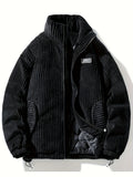 Men's Winter Corduroy Padded Coat with Thickened Lining, Faux, and Striped Design - Black