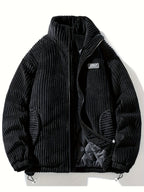 Men's Winter Corduroy Padded Coat with Thickened Lining, Faux, and Striped Design - Black