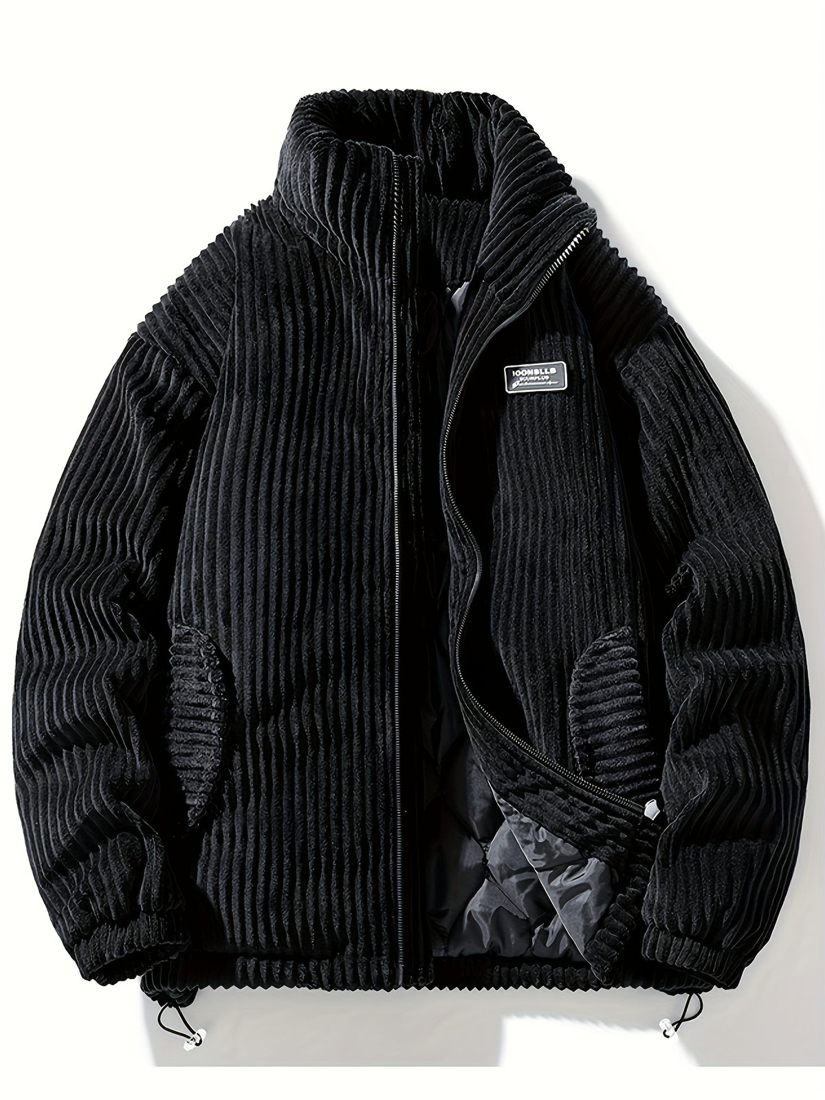 Men's Winter Corduroy Padded Coat with Thickened Lining, Faux, and Striped Design - Black