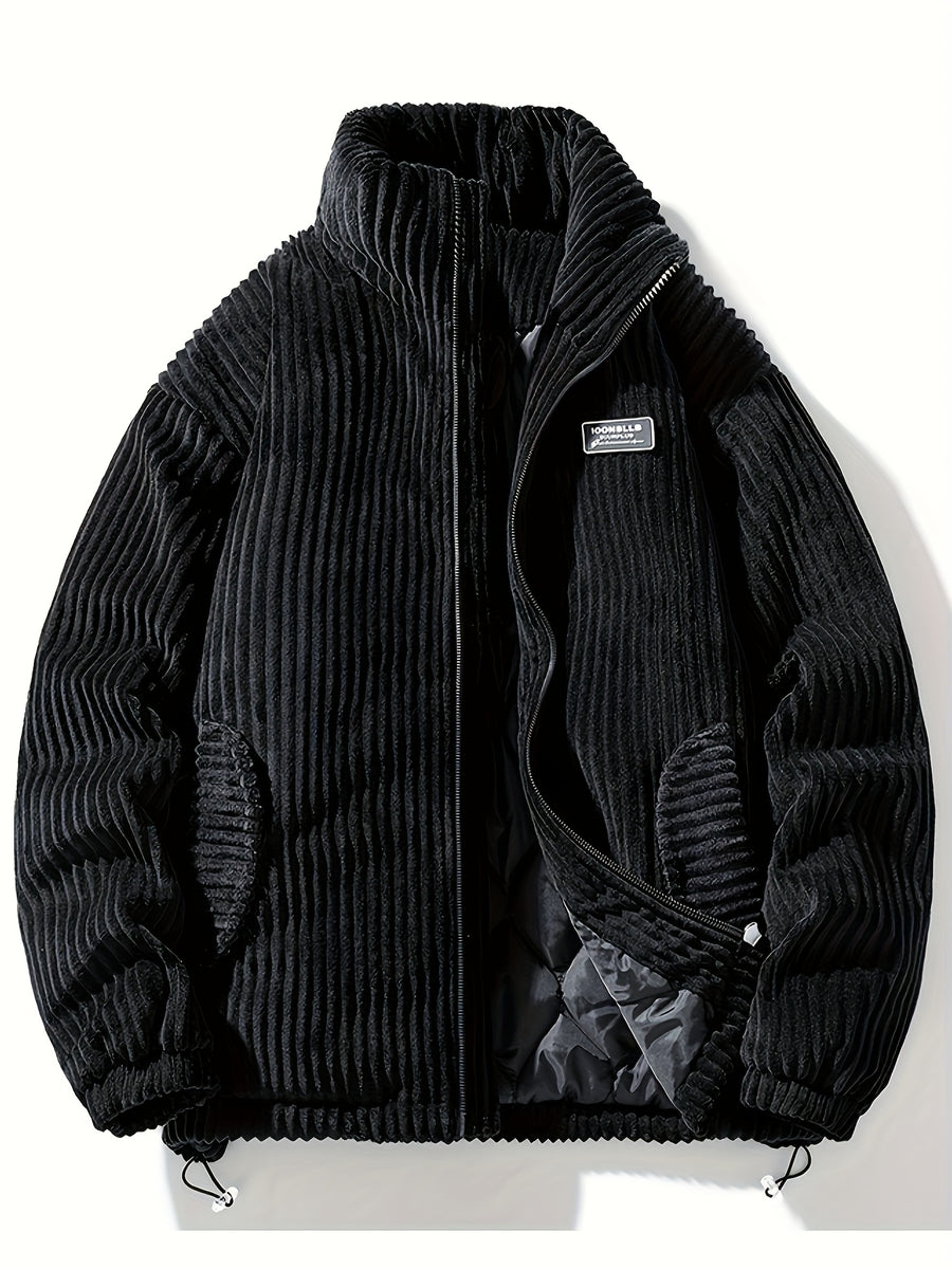 Men's Winter Corduroy Padded Coat with Thickened Lining, Faux, and Striped Design - Black