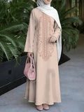 New Middle Eastern Style Muslim Elegant Robe, Gentle Nude Base with Large Light Brown Vintage Ethnic Digital Print on the Chest, Women's Muslim Robe, Non-Embroidered, Delicate Low-Saturation Color Palette, Long Sleeves, Straight Cut with Wide Hem - Mixed colors