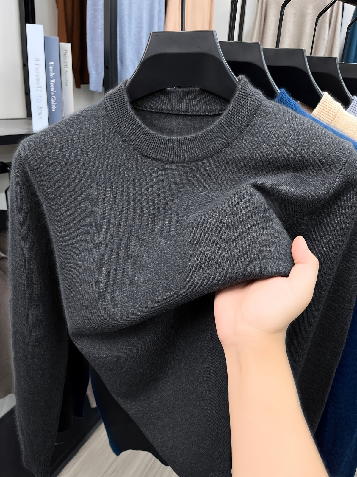 [Wading Whale OBM] 1pc Spring/Autumn New Men'S Knit Pullover Sweater, Old Money Style Solid Color Striped Round Neck Long Sleeve Knit Pullover for Men, Business Casual Fashion Striped Sweater, Suitable for Spring, Autumn - Dark Gray