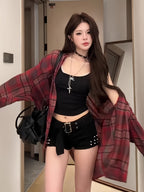 Chiffon Plaid Print Sheer Blouse Top Sunscreen Shirt - Red