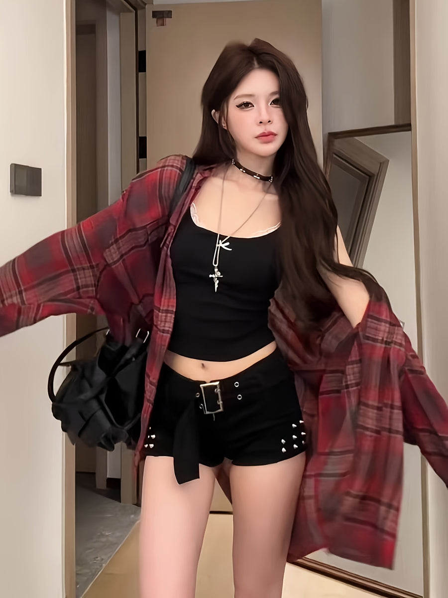 Chiffon Plaid Print Sheer Blouse Top Sunscreen Shirt - Red
