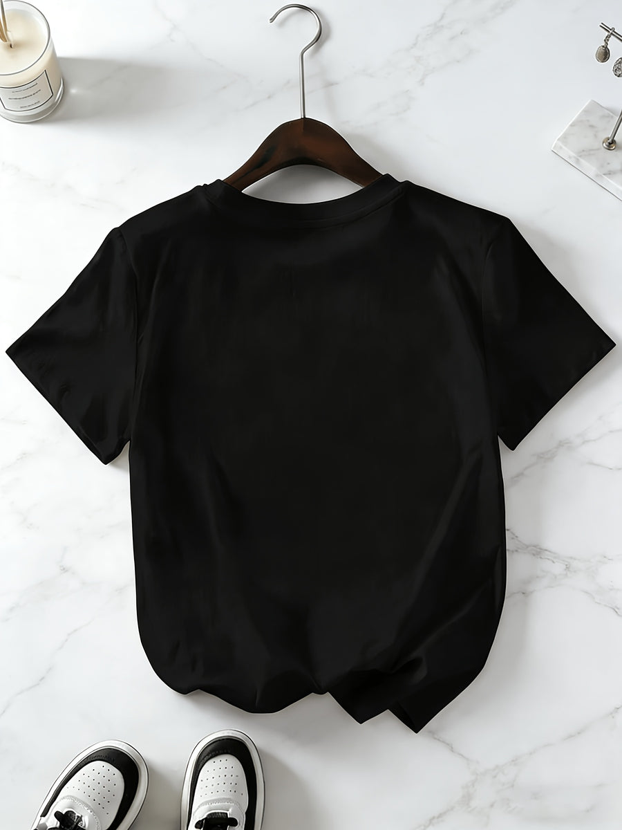 Women' Oversized Soft T-Shirt with Smile Winking Face & Letter Print - Loose Fit Short Sleeve Top, Age-Reducing Casual Blouse Suitable for Spring Summer Fall, Machine Washable Non- Wardrobe Essential - Black