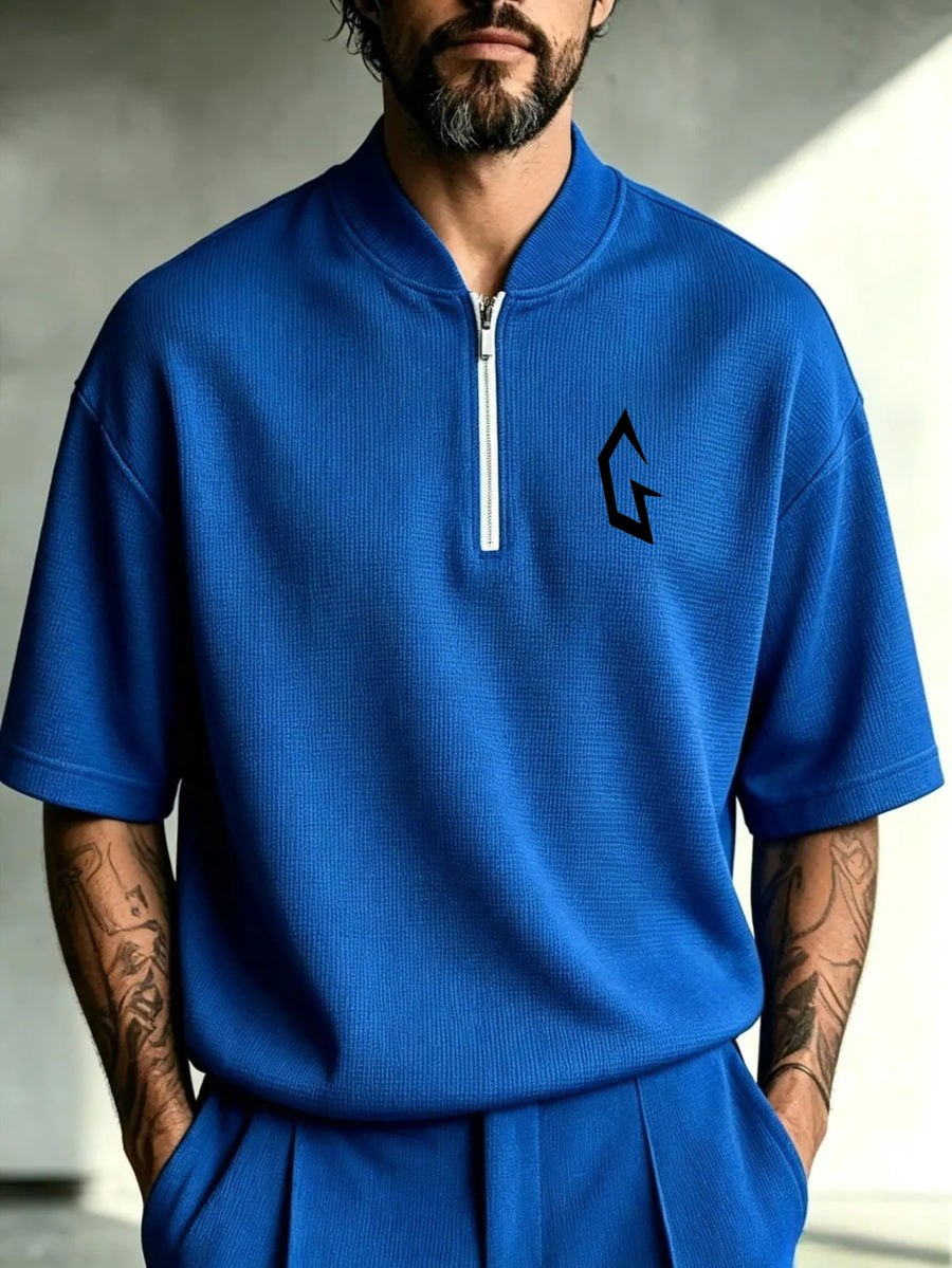 Men's Stand Collar Printed Zipper Short Sleeve T-Shirt for Spring, Autumn, and All Seasons - Baseball Collar, Henley Collar T-Shirt with Minimalist Black Geometric Logo Print, Loose Fit, Comfortable, Stylish, Versatile Street Style, Old Money Style - Royal Blue