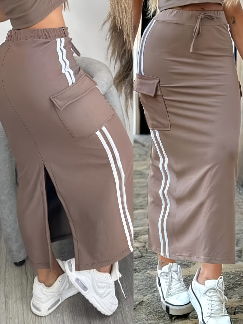 Casual Side-Panel Double-Bar Back-Slit Half Skirt - Camel