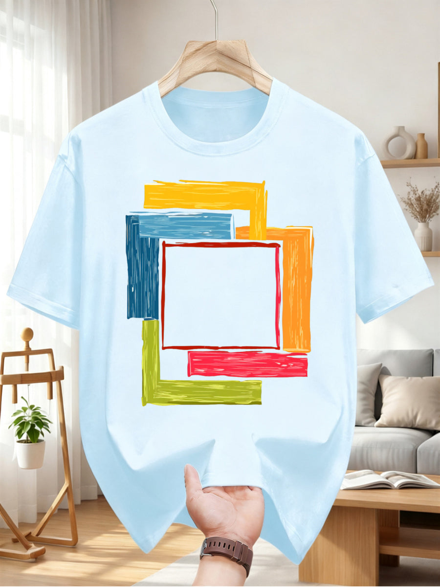 2026 Men'S Casual Short Sleeve T-Shirt with Hand-Painted Multi-Color Square Pattern Design - Summer Round Neck Tee Suitable for Beach, Picnic, And Casual Wear - Hand Washable Art Top, Regular Fit, 100%, Machine Washable, Sizes S-2XL - Sky Blue