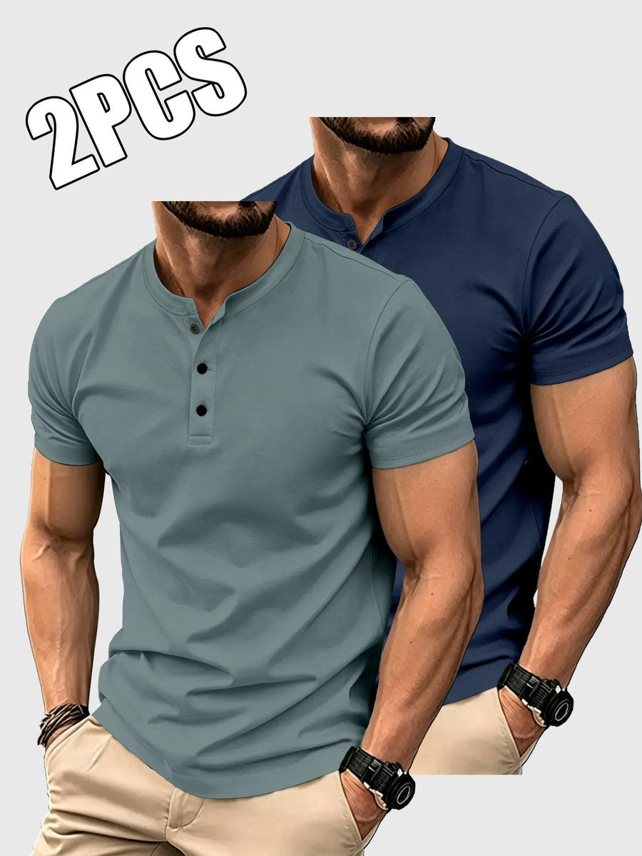 2pcs Set of Men'S Solid Color T-Shirts, Summer Classic Henley Shirts, Suitable for Casual Wear - Grey+Navy Blue