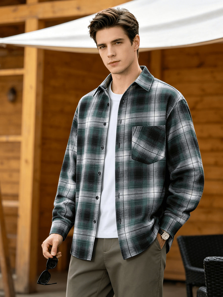 Men'S Plaid Long Sleeve Shirt, Lapel Button Design Loose Fit Fashion Casual Outdoor Street Versatile All-Season Base Layer - Green Grid