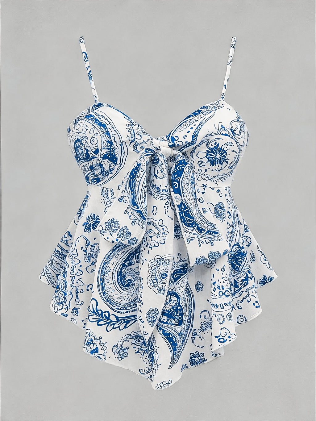 Blue and White Porcelain Print Spaghetti Strap Top with Sweet and Spicy Style Bow Waistband for a Effect - Multicolor