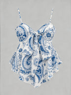 Blue and White Porcelain Print Spaghetti Strap Top with Sweet and Spicy Style Bow Waistband for a Effect - Multicolor