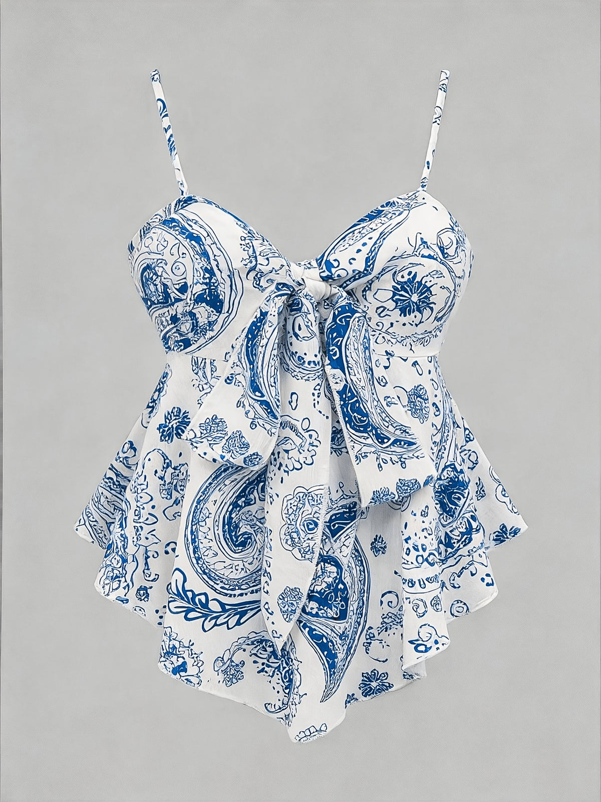 Blue and White Porcelain Print Spaghetti Strap Top with Sweet and Spicy Style Bow Waistband for a Effect - Multicolor