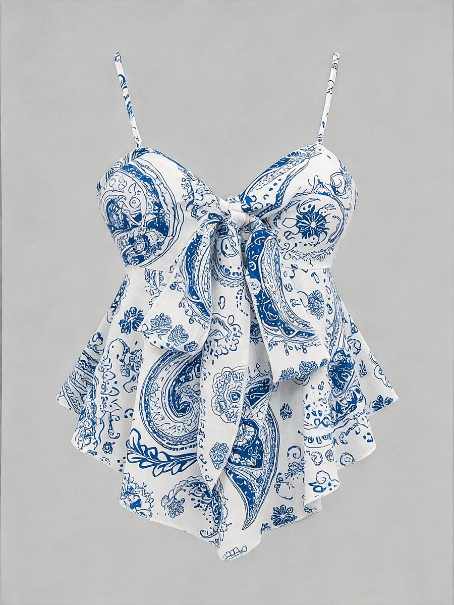 Blue and White Porcelain Print Spaghetti Strap Top with Sweet and Spicy Style Bow Waistband for a Effect - Multicolor