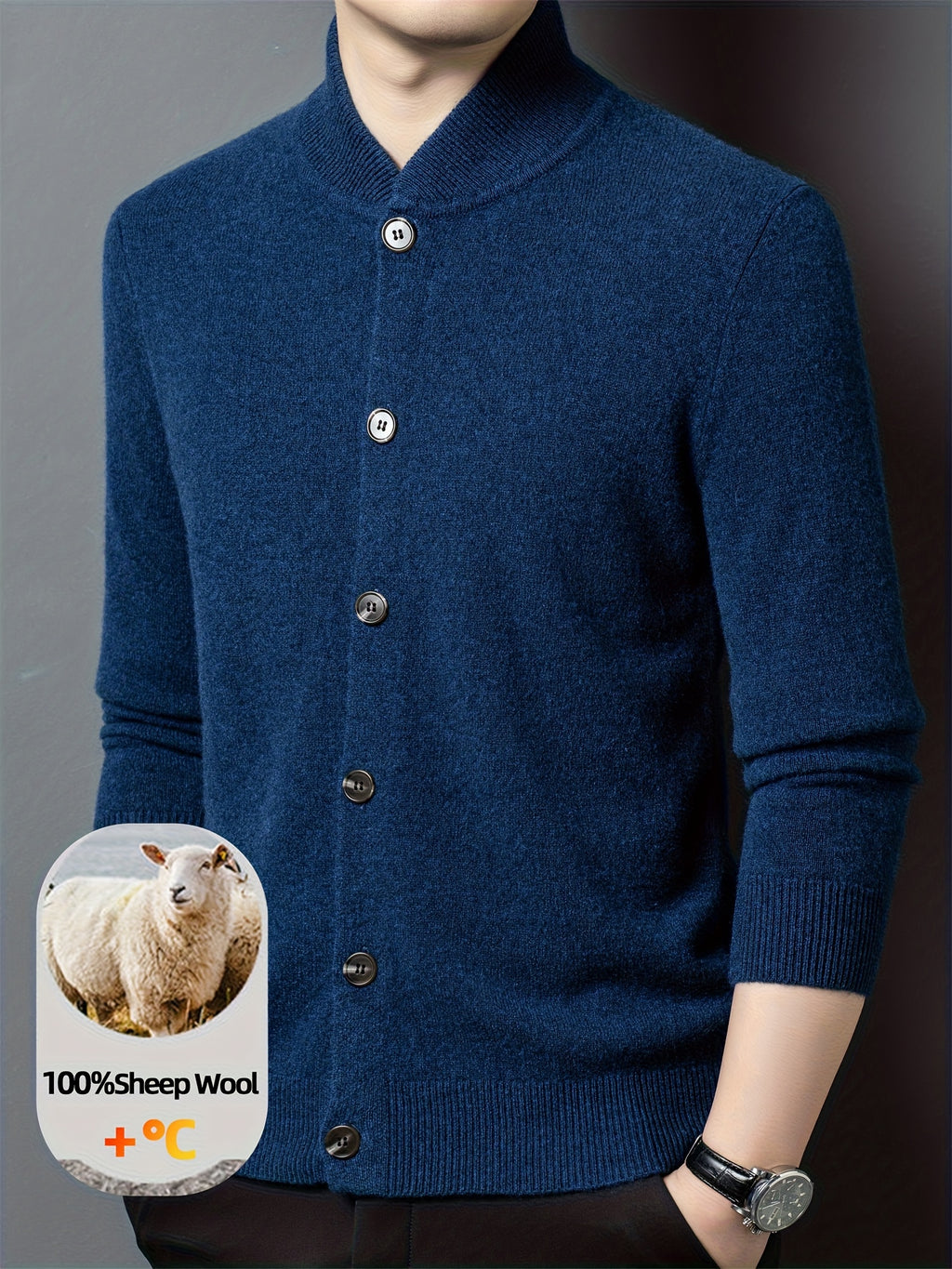 Xingfan OBM 2025 Autumn/Winter Men's 100% Wool Stand Collar Knit Cardigan, Crafted from Premium Pure Wool. Featuring a Simple yet Elegant Stand-up Collar and Single-breasted Button Design for Strong Warmth Retention. The Standard Fit Is Suitable - Blue