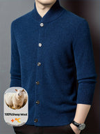 Xingfan OBM 2025 Autumn/Winter Men's 100% Wool Stand Collar Knit Cardigan, Crafted from Premium Pure Wool. Featuring a Simple yet Elegant Stand-up Collar and Single-breasted Button Design for Strong Warmth Retention. The Standard Fit Is Suitable - Blue