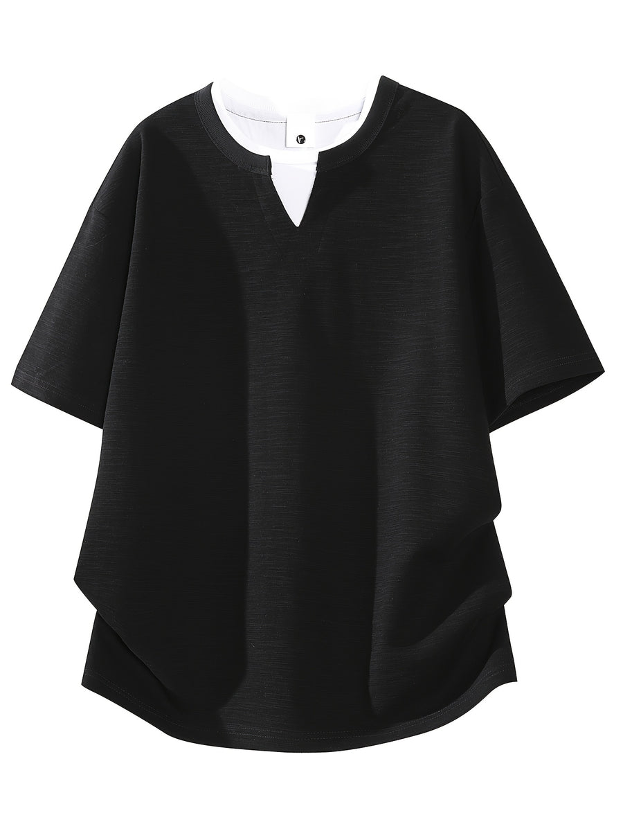 Men's New Bamboo Rayon Knot Pattern Fabric Short-Sleeve T-Shirt, Stylish 2-in-1 Look V-Neck Top, Casual Daily Wear, Suitable for Everyday Outings, Light Commuting, and Other Scenarios - Black