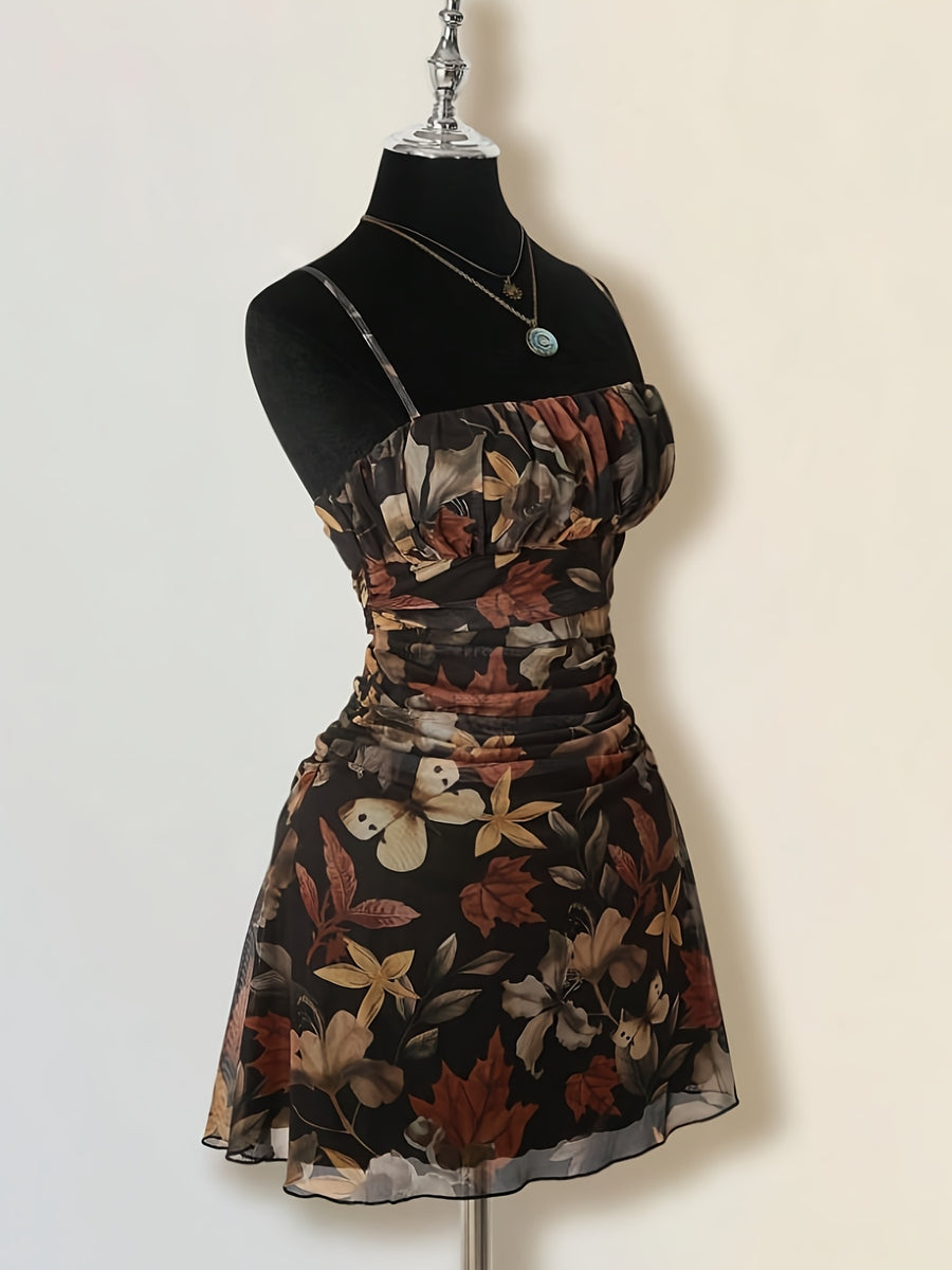 Women'S New Floral Print Ruched Decor A-Line Umbrella Skirt Cami Dress, Fashionable Elegant Vacation Commute Outing, Dating Party, Street Trendy, Casual Wear Short Dress Bridesmaid Gown, Suitable for All Seasons - Multicolor