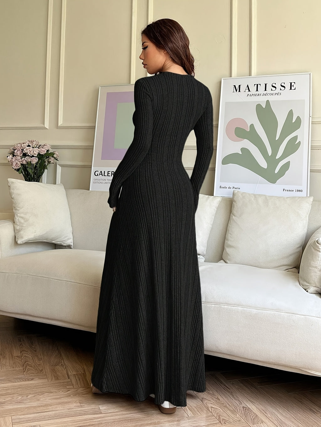 Women'S Casual Solid Color Dress, Round Neck, Autumn/Winter - Black