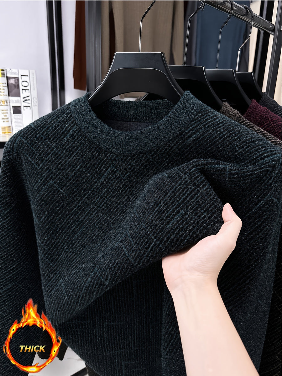 Men'S Semi-High Neck Sweater Autumn Winter Fleece Thick Warm Knitwear Middle-Aged Jacquard Pullover Base Layer - Dark Green