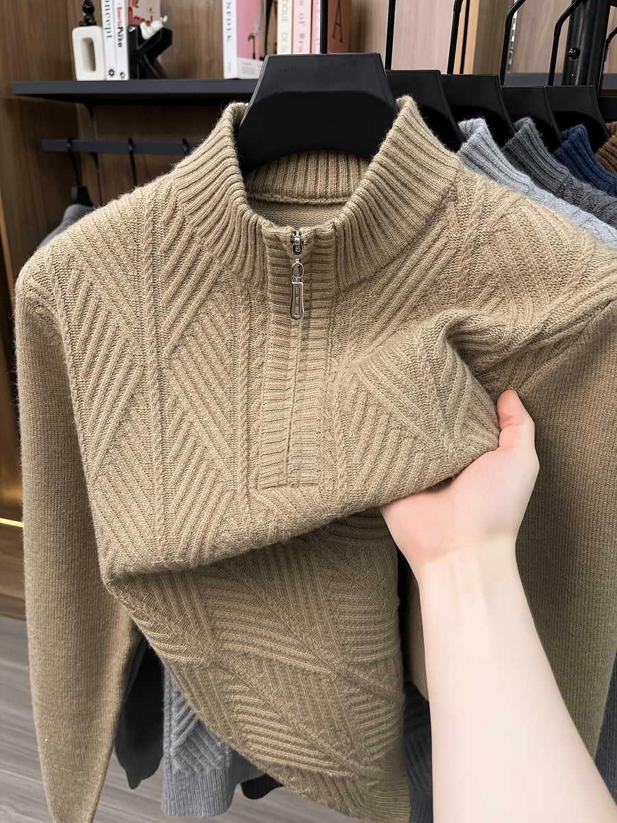 Men's Half-Zip Stand Collar Sweater with Zippered Panel & Striped Jacquard Knit - Warm Winter Pullover, Stretchable Stand Collar Suitable for Casual Office Wear, Layering Top, Hand Washable Regular Fit Blazer Compatible - Camel