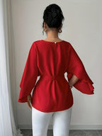 Round Neck Long Sleeve Loose Waist Tie Elegant Noble Versatile Top Trend - Red