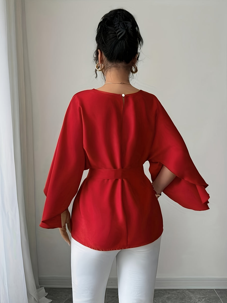 Round Neck Long Sleeve Loose Waist Tie Elegant Noble Versatile Top Trend - Red