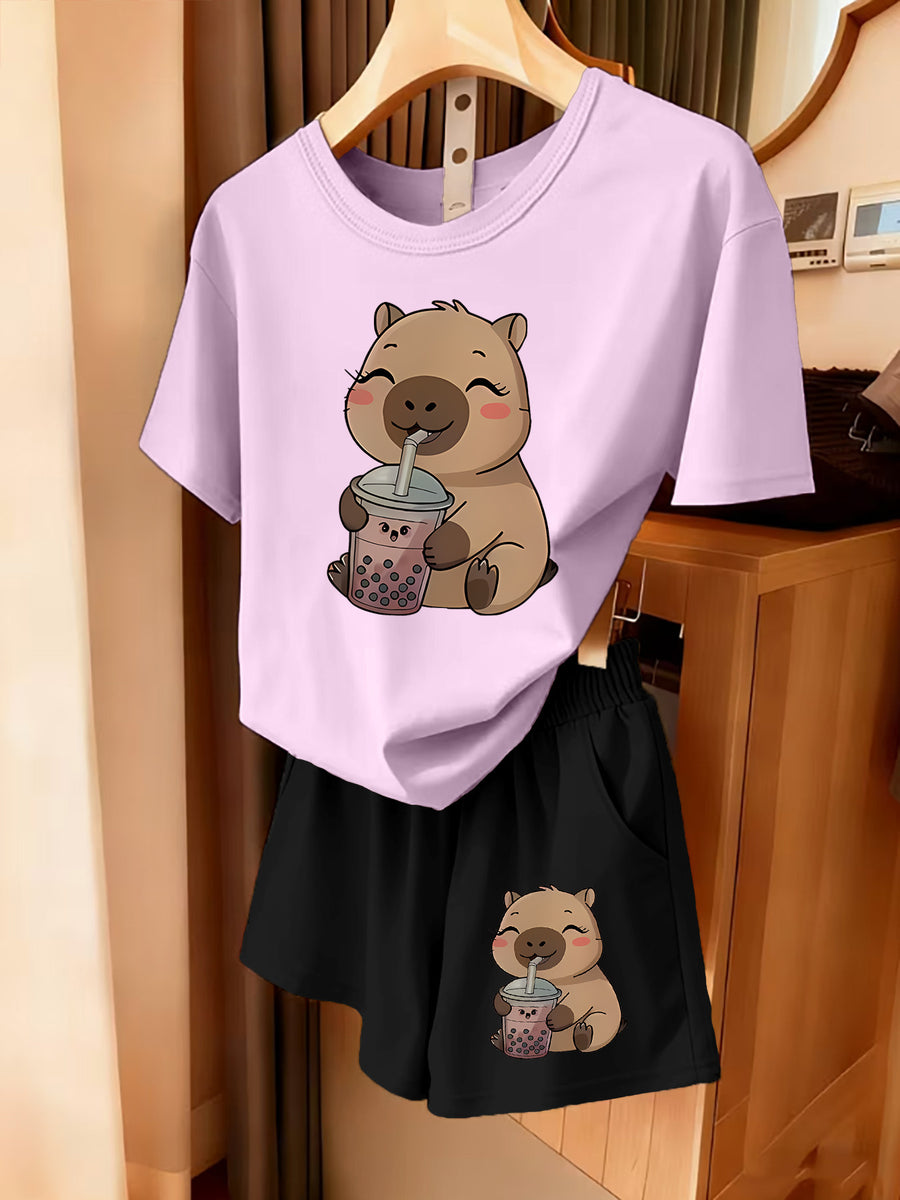 2pcs Women's Spring Summer Short Sleeve & Shorts Matching Outfit - Capybara Print Pajamas Gym Wear Sleepwear, Soft Breathable Pajamas, Valentine's Day Gift, Machine Washable 2pcs Set - Light Purple+Black