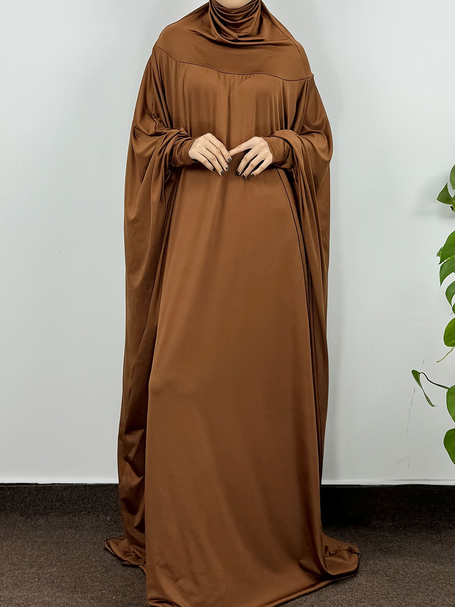 Muslim Smocking Sleeve One-Piece Prayer Robe Hooded Islamic Dubai Saudi Robes Turkish Modesty - Coffee Color