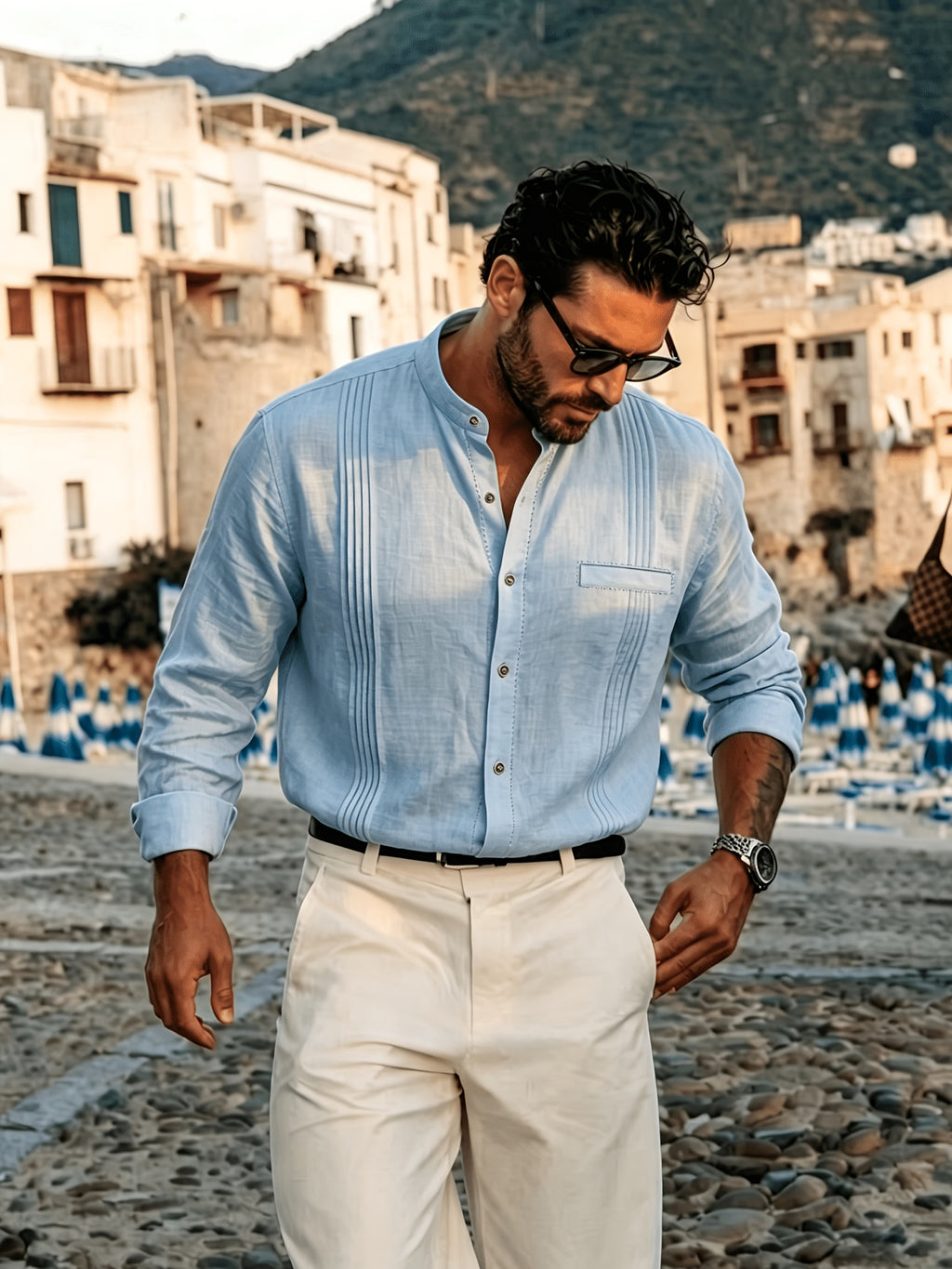 Men's Lightweight Breathable Linen Shirt with Stand-Up Collar & Roll-Up Sleeves - Retro Button-Front Suitable for Beach Vacation, Commuting, Casual Wear, Symmetrical Pleats, Single Pocket, Machine Washable Summer Top (Gift Selection) - Light Blue