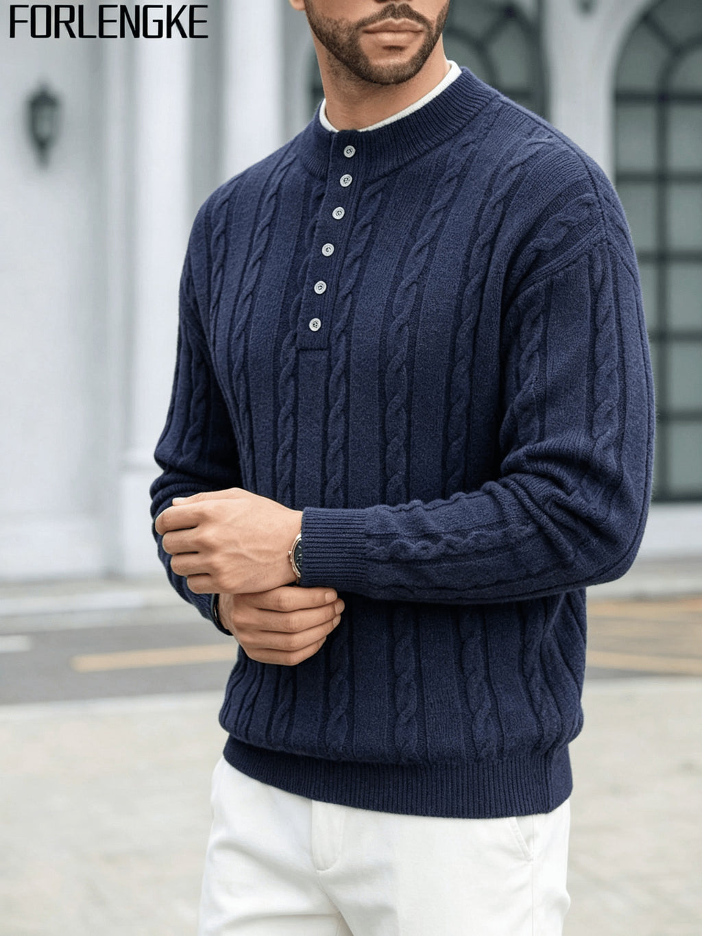 FORLENGKE 2026 New Men's Business Casual Crew Neck Cable Knit Sweater, Soft Warm Long Sleeve Pullover for Fall Winter Office Daily Wear - Navy Color