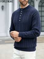 FORLENGKE 2026 New Men's Business Casual Crew Neck Cable Knit Sweater, Soft Warm Long Sleeve Pullover for Fall Winter Office Daily Wear - Navy Color