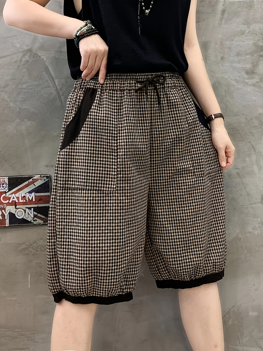 Women's Summer Plaid Casual Pants with Elastic Waist, Loose Fit, Effect, and Contrast Color Five-Point Shorts - Black