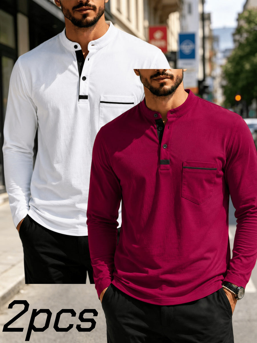 2pcs Men's Stand Collar Long Sleeve Henley Shirt, Casual Half-Button T-Shirt with Pockets, Lightweight and Breathable Stand Collar Pullover Top, Suitable for Daily, Office, and Outdoor Scenes - Light White+Wine Red