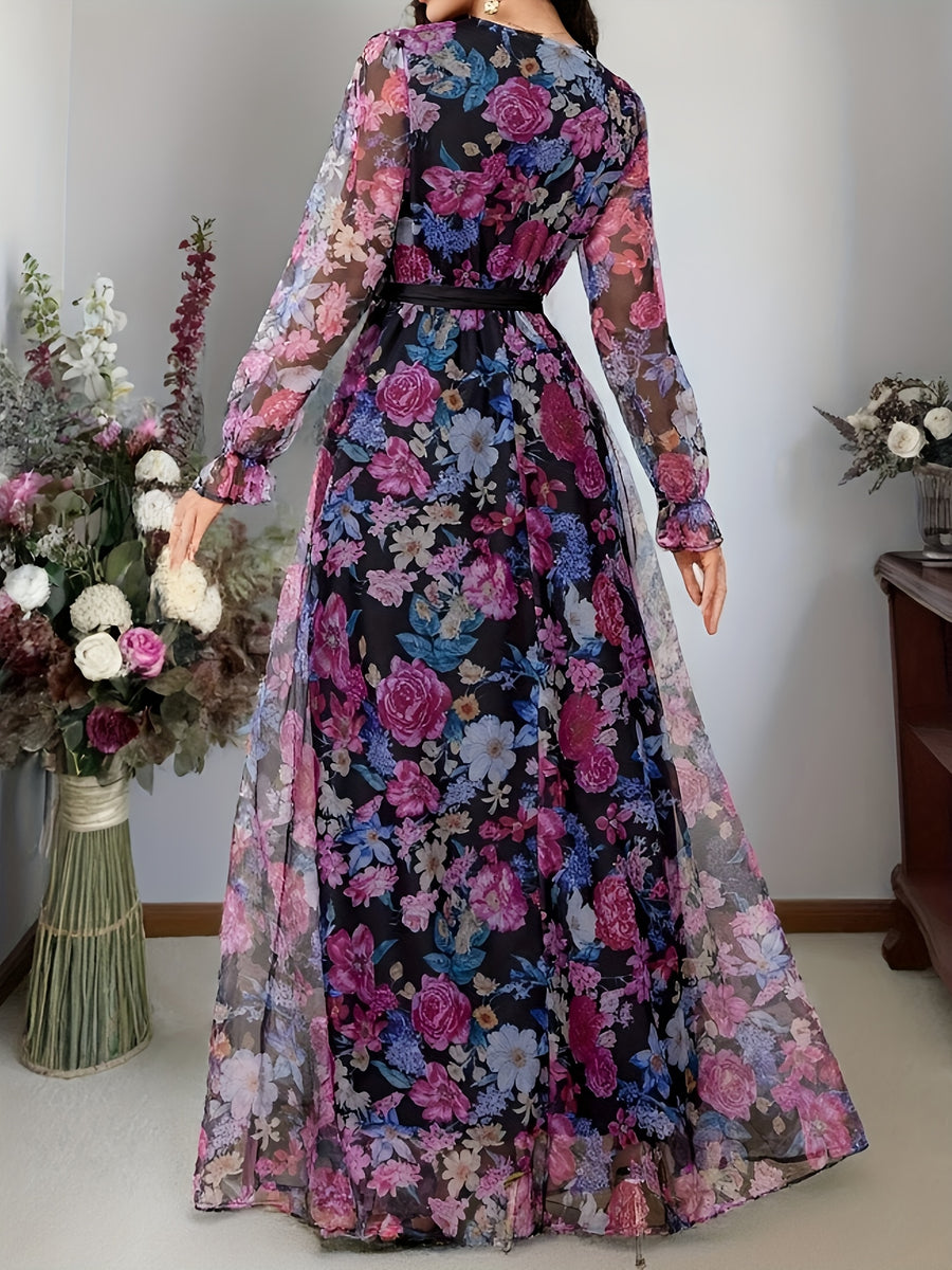 New elegant ladies cross collar lantern long sleeve waist oversized swing floral fashion mesh print romantic holiday maxi dress - Multicolor
