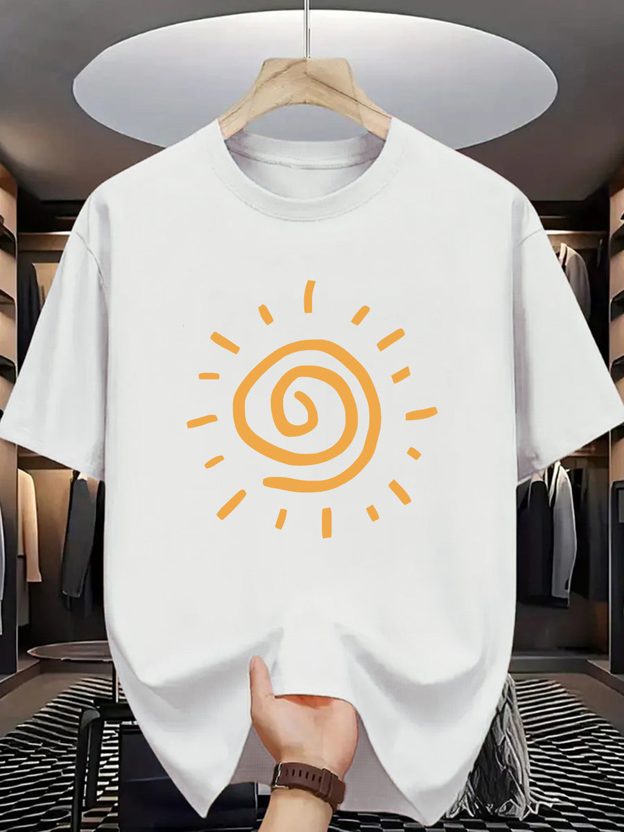 Sunny Energetic Orange Spiral Pattern Short Sleeve T-Shirt, Fresh And Fashionable, Suitable for Outdoor Activities And Daily Wear - White