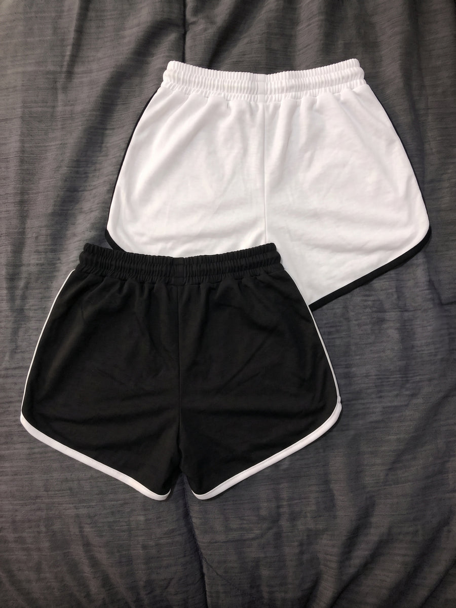2pcs Set Summer Breathable Printed Shorts Beach Pants Retro Color-Block Lightweight Drawstring Individual Shorts - Black+White