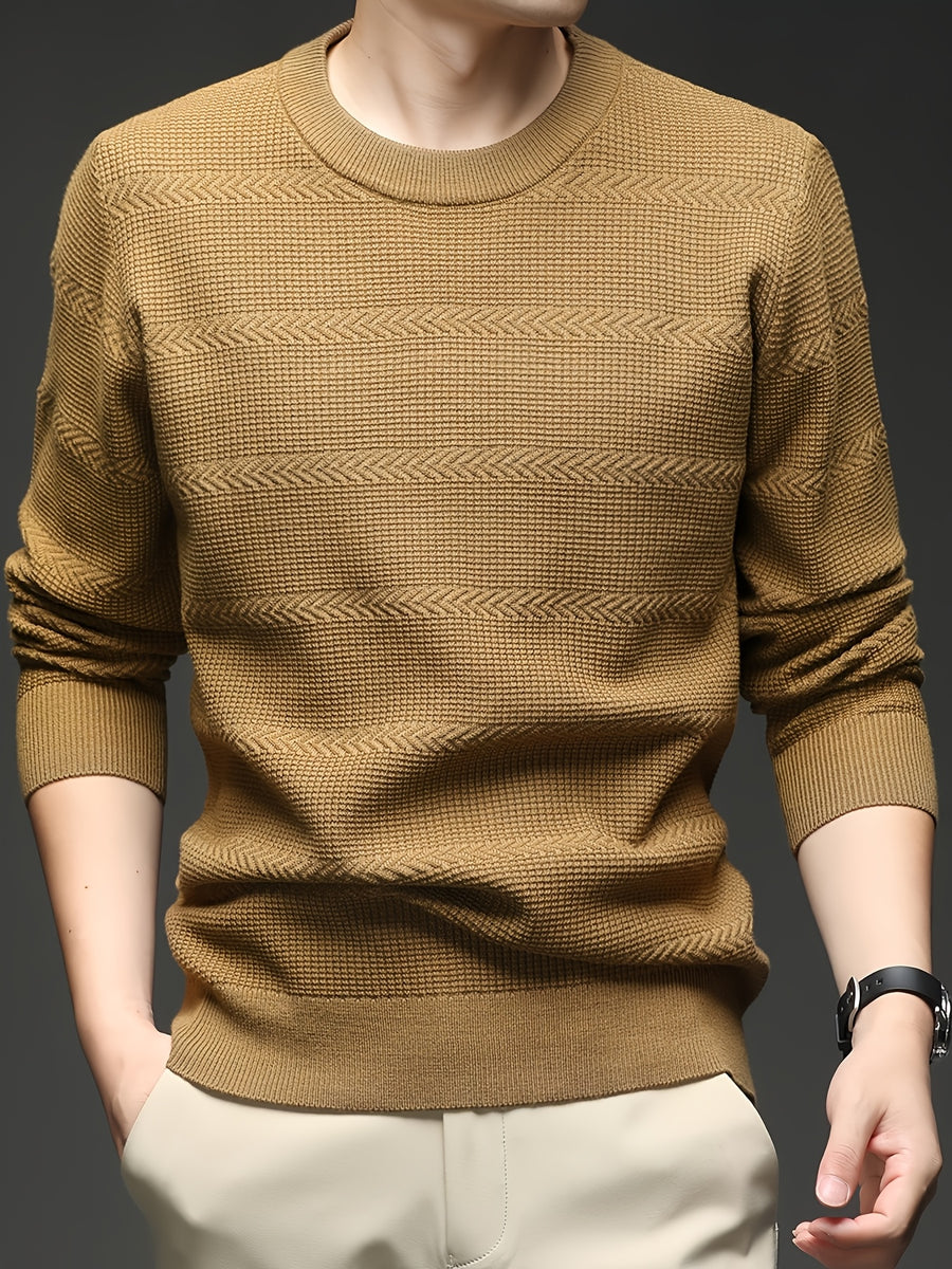 Men's Quiet Luxury Mustard Crew Neck Sweater, Textured Herringbone Knit Pullover, Old Money Aesthetic Fall Winter Top - Camel