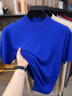 [Wading Whale OBM] 1pc Spring Summer New Men'S Knit Pullover Sweater, Old Money Style Textured Solid Color Short Sleeve T-Shirt, Casual Fashion Thin Breathable Ribbed Pullover Sweater Base Layer Top, Suitable for Spring And Summer Wear - Blue