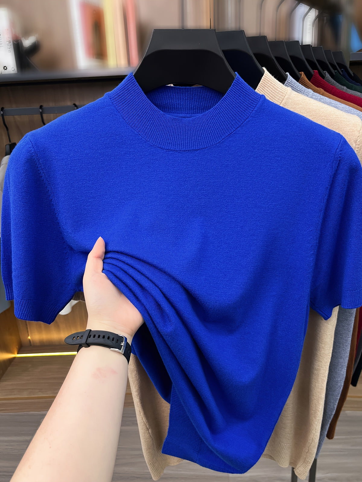 [Wading Whale OBM] 1pc Spring Summer New Men'S Knit Pullover Sweater, Old Money Style Textured Solid Color Short Sleeve T-Shirt, Casual Fashion Thin Breathable Ribbed Pullover Sweater Base Layer Top, Suitable for Spring And Summer Wear - Blue