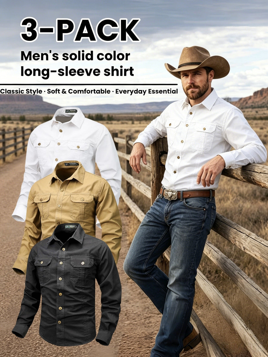 Men'S 3pcs Set of Solid Color Long-Sleeve Work Shirts, Double-Pocket Practical Western Style Shirts, Suitable for Outdoor, Construction Site, Commuting And Various Indoor/Outdoor Scenarios, Autumn Menswear - white+khaki+black